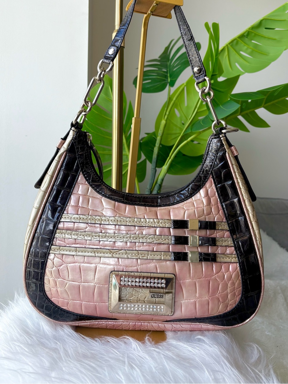 Vintage Y2K GUESS Pink Croc Rhinestone Hobo Shoulder Bag McBling Glam Purse